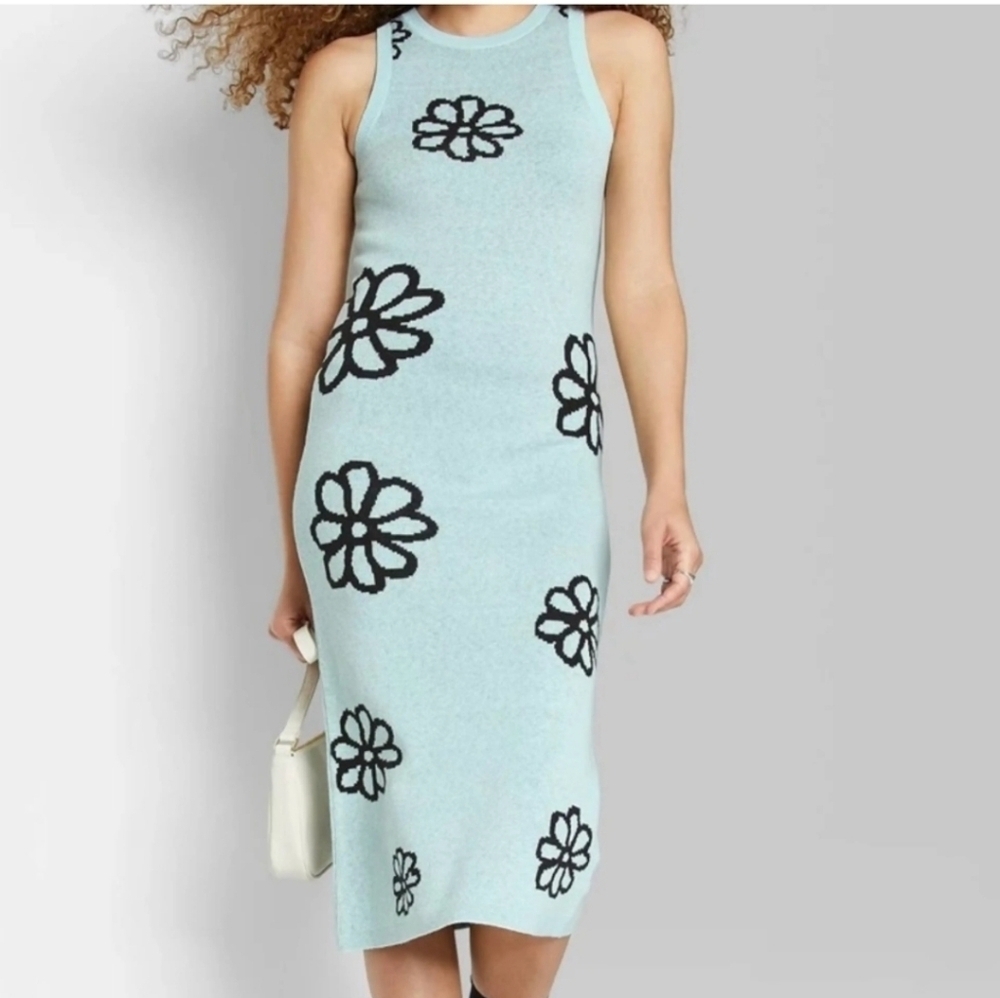 Sleeveless Light Blue Floral Knit Midi Dress